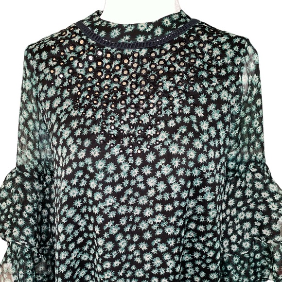 Anthro Ranna Gill Floral Mirror Sequin Flutter Ruffle Sleeve Tunic Mini Dress XS - Picture 5 of 16